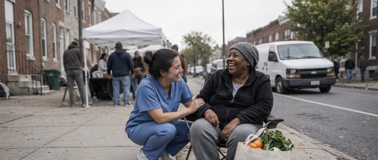 A nurse checking an older woman's blood pressure at a pop-up health table
