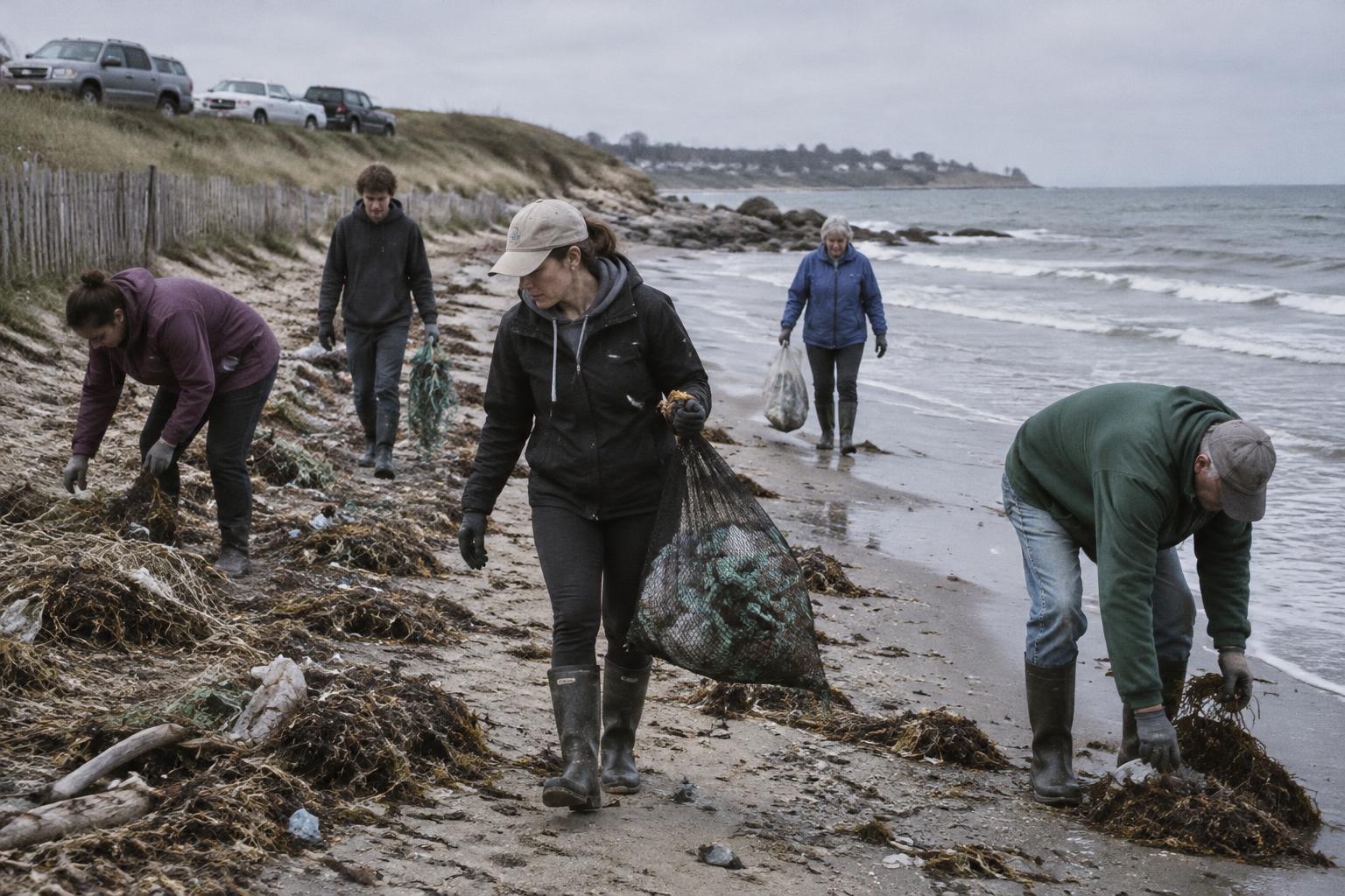 Volunteers in safety vests collecting plastic debris along a shoreline