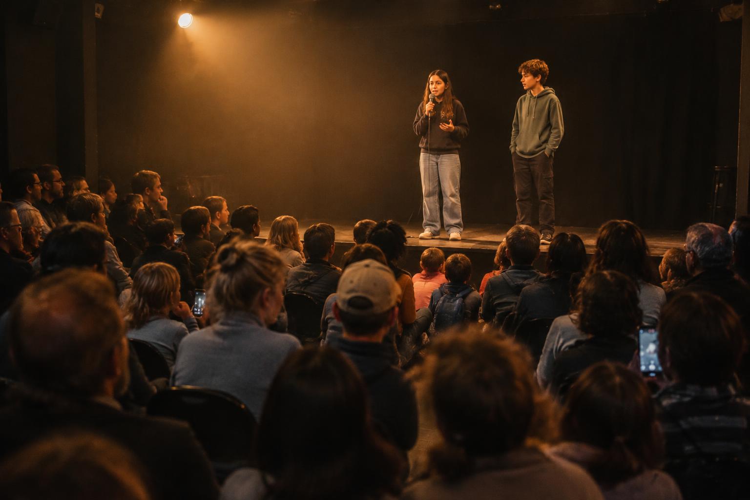 Young people speaking on a small stage to an audience of families